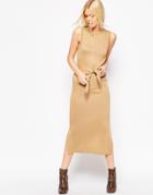 Asos Midi Dress In Knit With Tie Front Detail - Camel