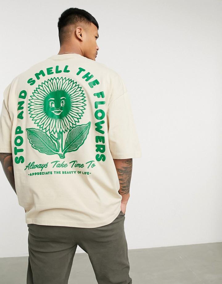 Asos Design Oversized T-shirt In Stone With Flower Back Print-neutral