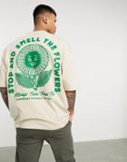 Asos Design Oversized T-shirt In Stone With Flower Back Print-neutral