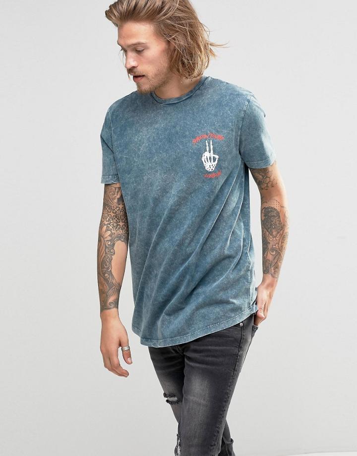 Asos Longline T-shirt In Acid Wash With Red Color Pop Text Print - Acid Wash Blue