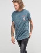 Asos Longline T-shirt In Acid Wash With Red Color Pop Text Print - Acid Wash Blue