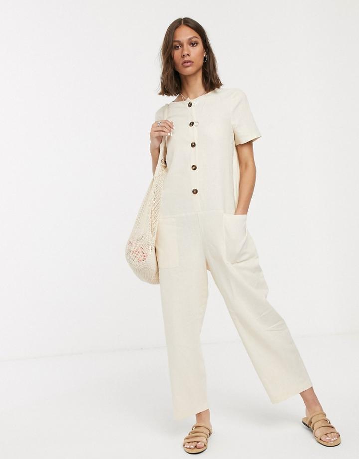 Asos Design Minimal Button Front Short Sleeve Boilersuit - Cream