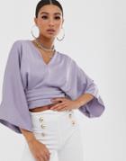 Asos Design Plunge Top With Kimono Sleeve - Purple
