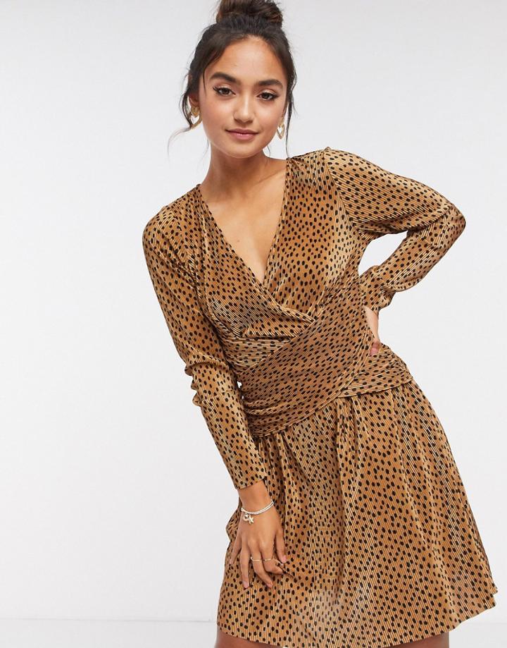 Asos Design Plisse Mini Dress With Wrapped Waist In Polka Dot-brown