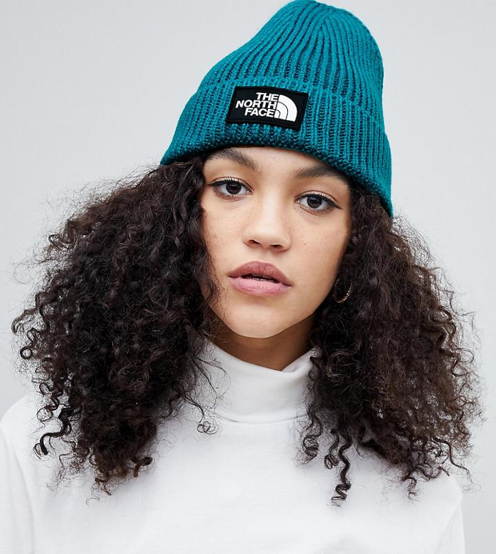 The North Face Logo Box Cuffed Beanie Hat In Everglade Green - Green