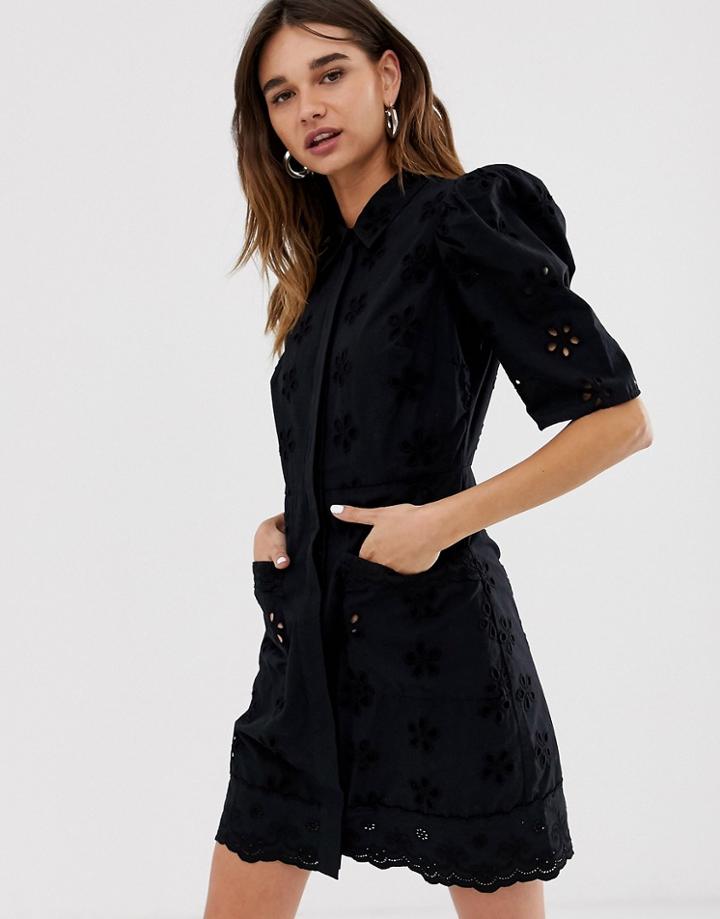 Asos White Black Broderie Mini Shirt Dress - Black