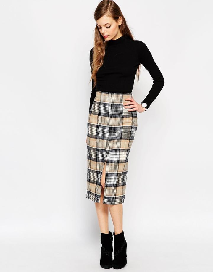 Asos Premium Wool Pencil Skirt In Check - Beige Check