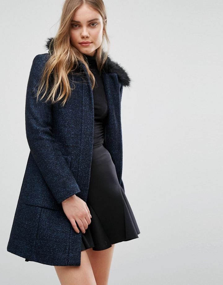 Warehouse Swing Faux Fur Collar Coat - Navy