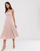 Forever U Midi Dress With Fringe 3d Fabrication In Dusty Pink - Pink