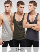 Asos Rib Muscle Tank With Extreme Racer Back 3 Pack Save 17% - Multi