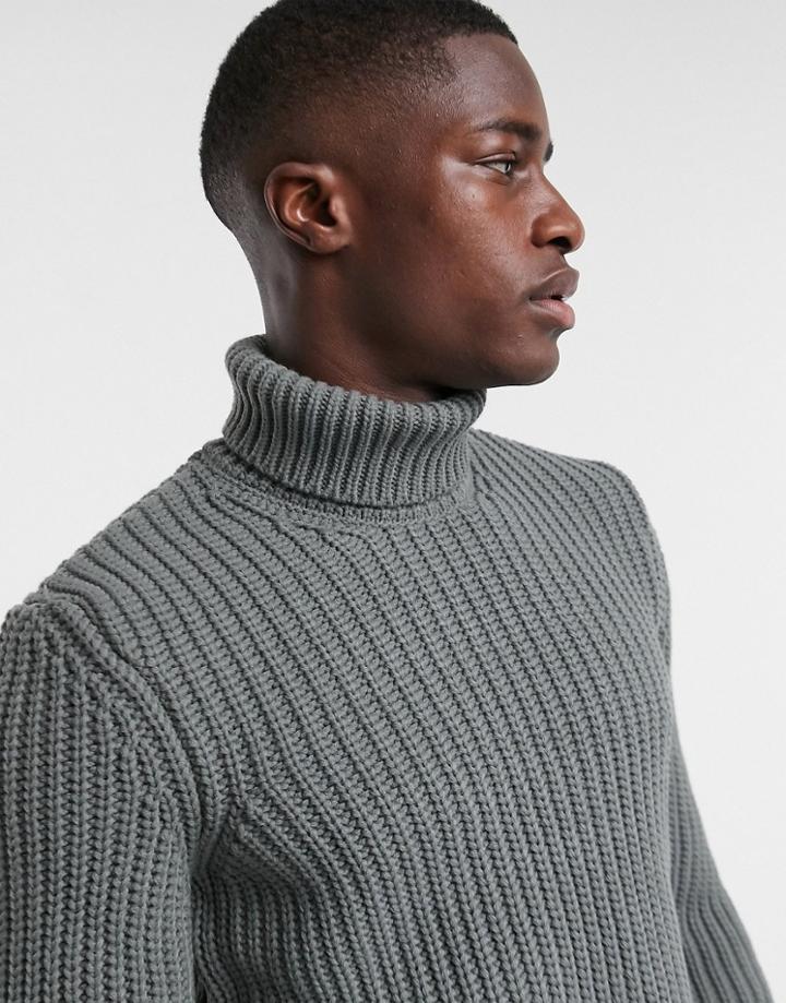 Asos Design Knitted Heavyweight Fisherman Rib Roll Neck Sweater In Charcoal-grey