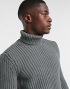 Asos Design Knitted Heavyweight Fisherman Rib Roll Neck Sweater In Charcoal-grey