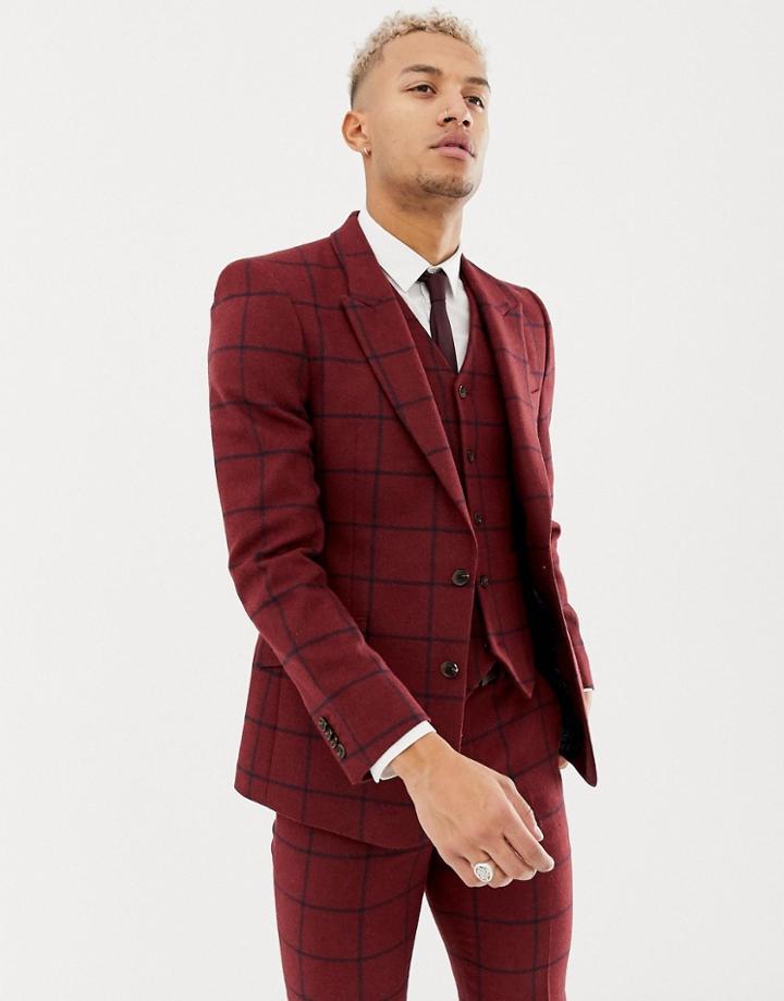 Asos Design Skinny Suit Jacket In Burgundy Wool Mix Check - Red
