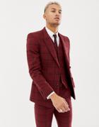 Asos Design Skinny Suit Jacket In Burgundy Wool Mix Check - Red