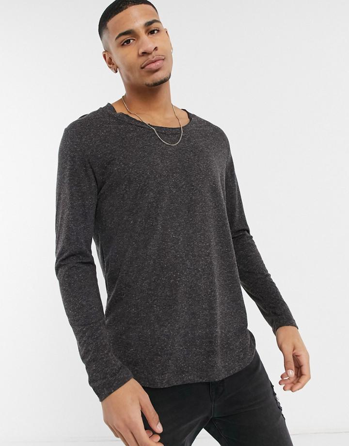 Asos Design Longline Long Sleeve T-shirt With Scoop Neck In Black Linen