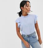 Boohoo Petite Exclusive High Neck Blouse With Frill Sleeve In Blue - Blue