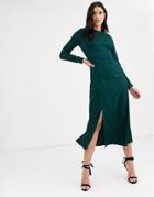 Fashion Union Long Sleeve Midi Dress With Dip Back And Tie Detail-green