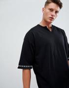Asos Design Oversized Longline T-shirt With Notch Neck And Fringing - Black