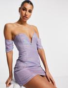 Club L London Off Shoulder Plunge Mini Dress In Lilac-purple