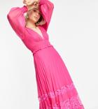 Asos Design Tall Exclusive Plunge Pleated Midi Dress With Lace Insert Hem In Hot Pink