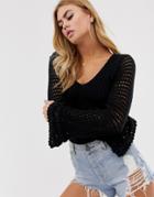 Asos Design Crochet V Neck Sweater - Black