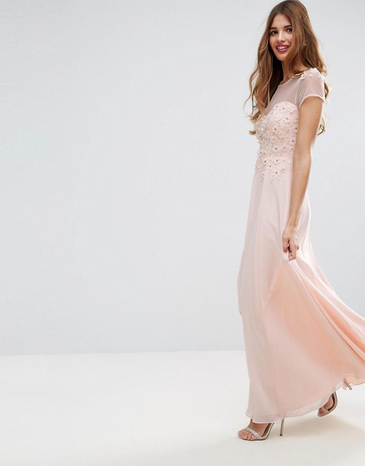 Asos Floral Applique 3d Embellished Maxi Dress - Beige