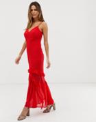 Liquorish Cami Maxi Dress With Sheer Lace Overlay And Ruffle Detail - Red