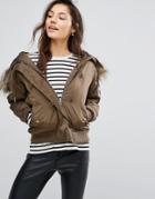 Pull & Bear Faux Fur Hooded Aviator Bomber - Green