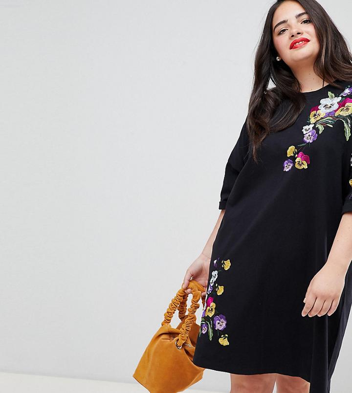 Asos Design Curve Embroidered T-shirt Dress - Black