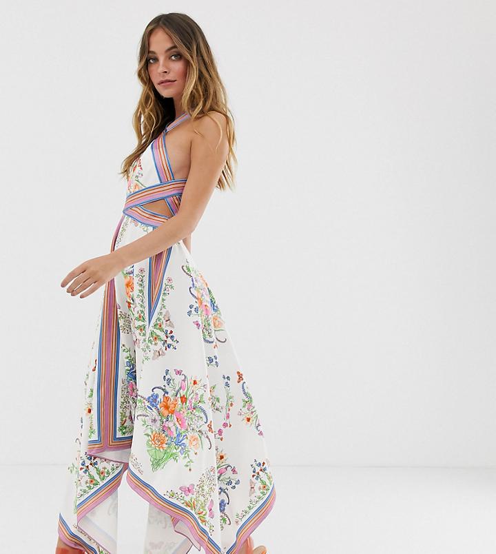 Asos Edition Petite Scarf Print Halter Midi Dress With Cutout Sides-multi