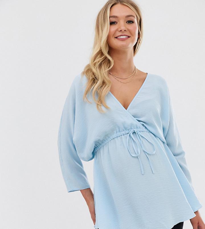Asos Design Maternity Batwing Sleeve Top With Tie Waist-blue