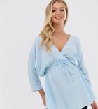 Asos Design Maternity Batwing Sleeve Top With Tie Waist-blue