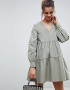 Asos Design Tiered Cotton Smock Mini Dress With Long Sleeves - Green