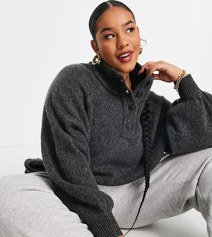 Asos Design Curve Sweater With Button Placket Detail In Gray-grey