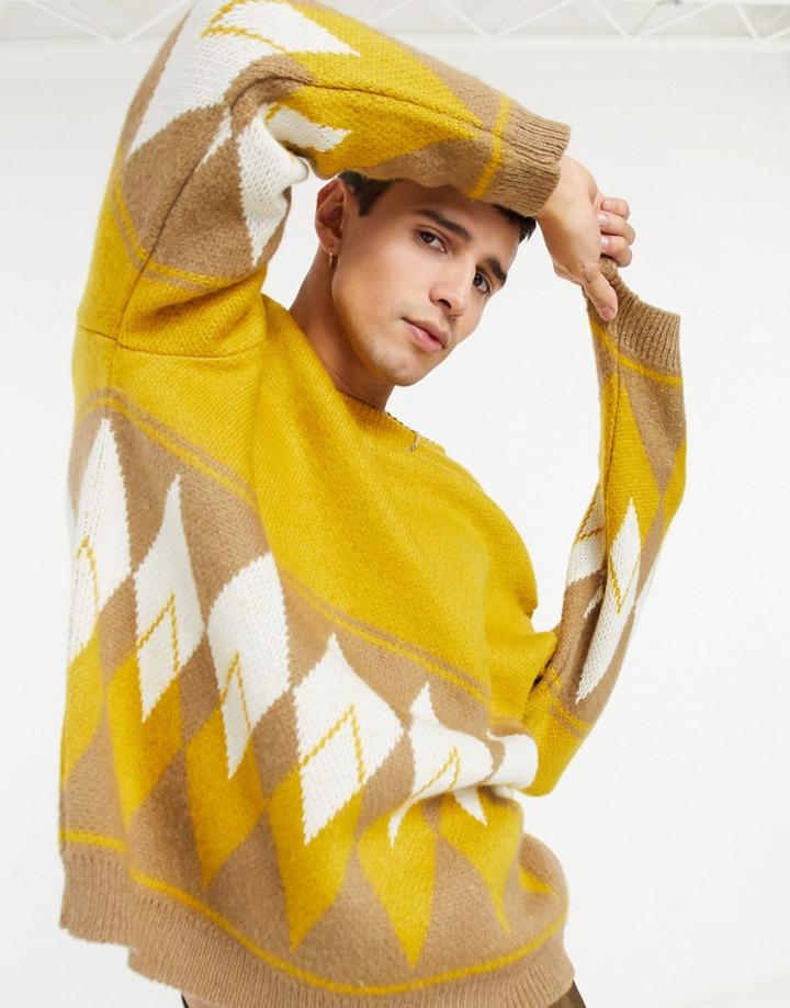 Asos Design Oversized Argyle Sweater In Mustard-yellow