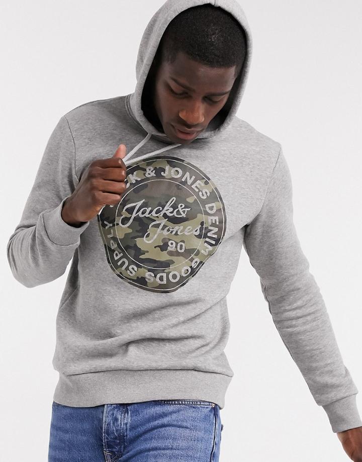 Jack & Jones Camo Logo Print Hoodie-grey