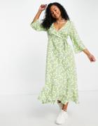 Monki Amanda Ecovero Viscose Ditsy Floral Print Midi Wrap Dress In Green