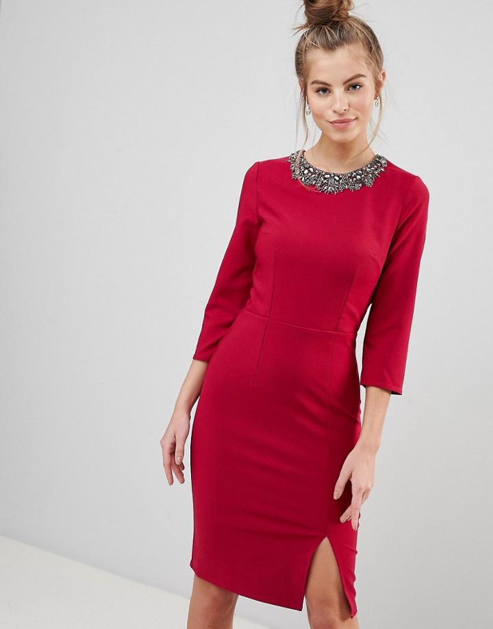 Little Mistress Bodycon Dress With Embellished Neckline - Pink
