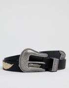 Asos Design Faux Leather Slim Belt In Black With Western Buckle And Feather Embroidery - Black