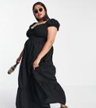 Asos Design Curve Shirred Bust Midi Dress With Tiered Skirt In Black
