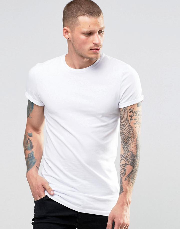 Asos Longline Muscle T-shirt With Roll Sleeve In White - White