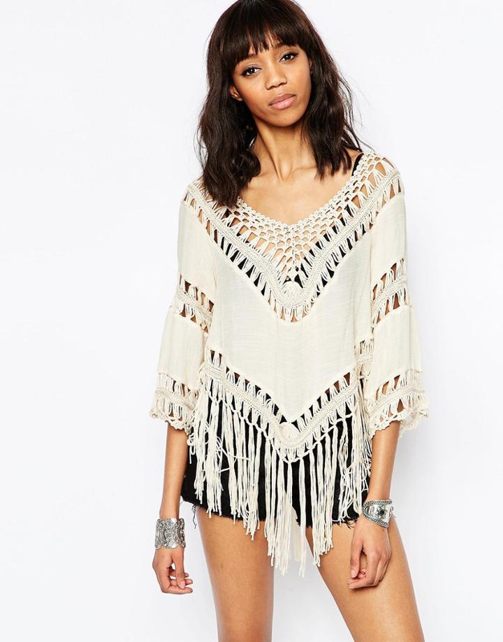 Brave Soul Long Sleeve Crochet Mix Top With Tassel Hem - Ecru