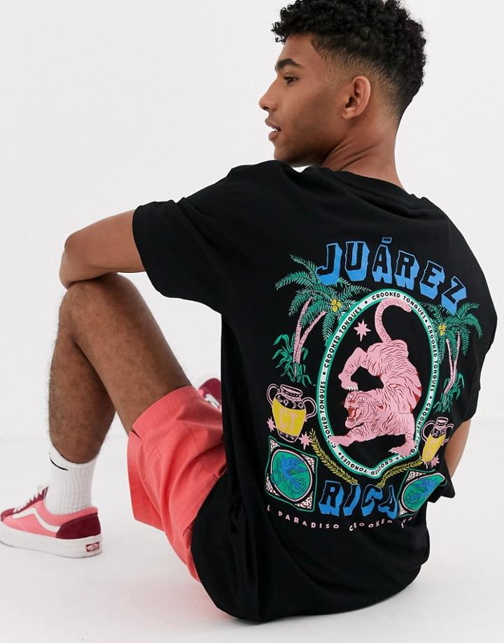 Crooked Tongues Oversized T-shirt With Tropical Tiger Print - Black