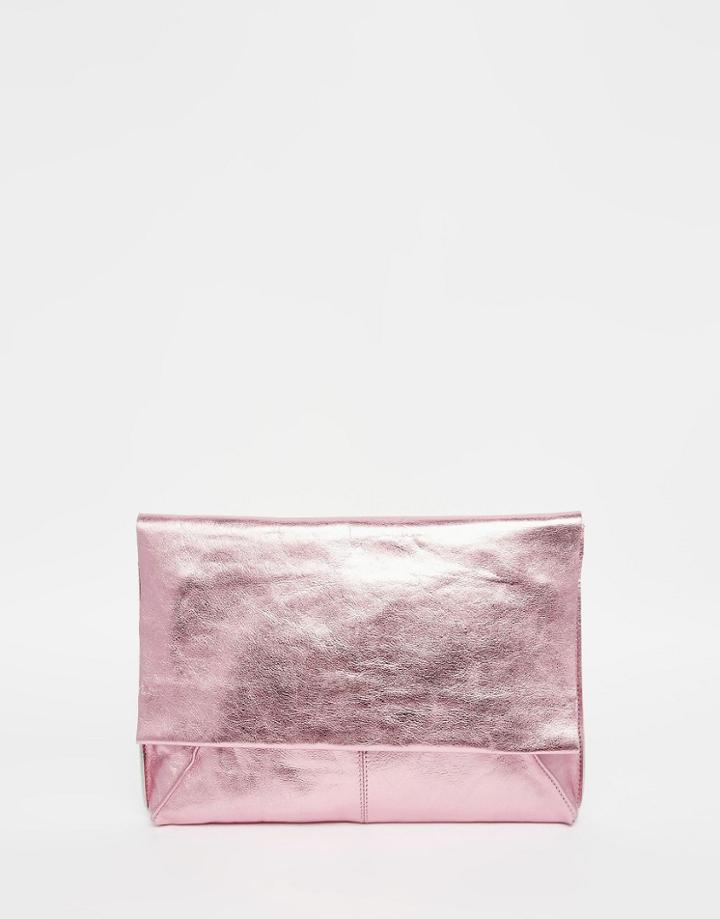 Asos Metallic Soft Leather Flap Over Clutch Bag - Pink