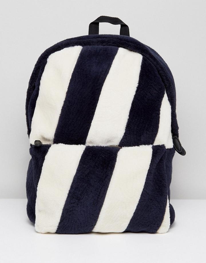 Asos Backpack In Striped Faux Fur Design - Navy