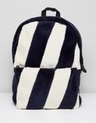 Asos Backpack In Striped Faux Fur Design - Navy