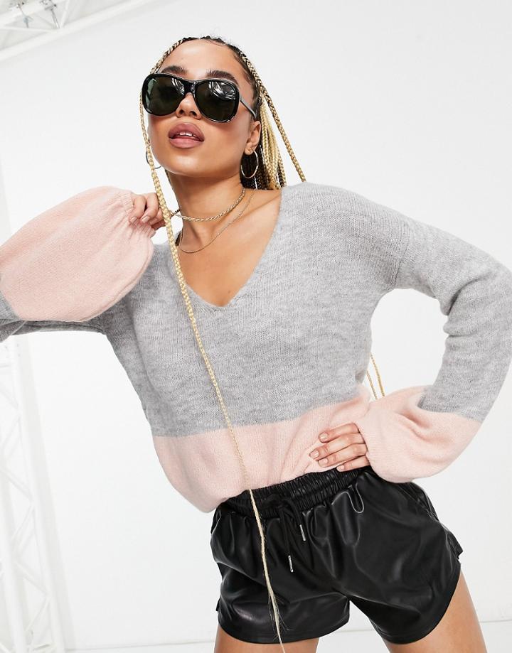 Na-kd V Neck Balloon Sleeve Sweater In Gray And Pink-neutral
