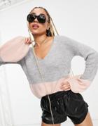 Na-kd V Neck Balloon Sleeve Sweater In Gray And Pink-neutral