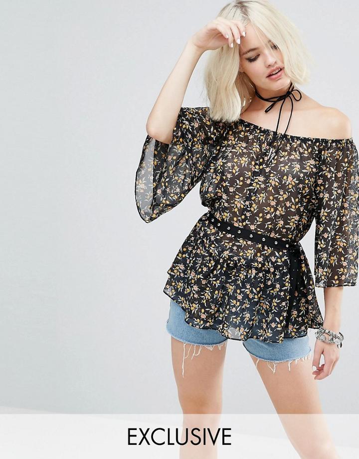 Reclaimed Vintage Inspired Off Shoulder Top With Studded Belt - Black