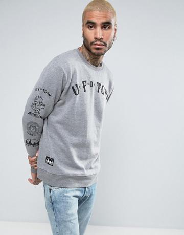 Ufo Town Sleeve Print Sweater - Gray